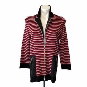 Misook Black Graphite Pink Red Ottaman Stripes Zip Front Jacket Size Medium